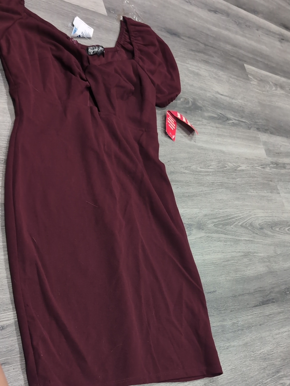 Crystal Doll Wine Red Puff Sleeve Mini Dress